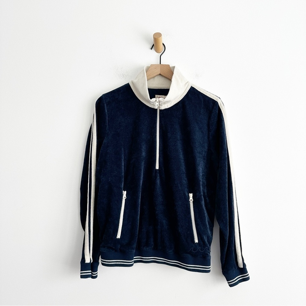 Faherty Richie 1/4 Zip Sweater Shirt Top Navy Blue & Cream Women Large